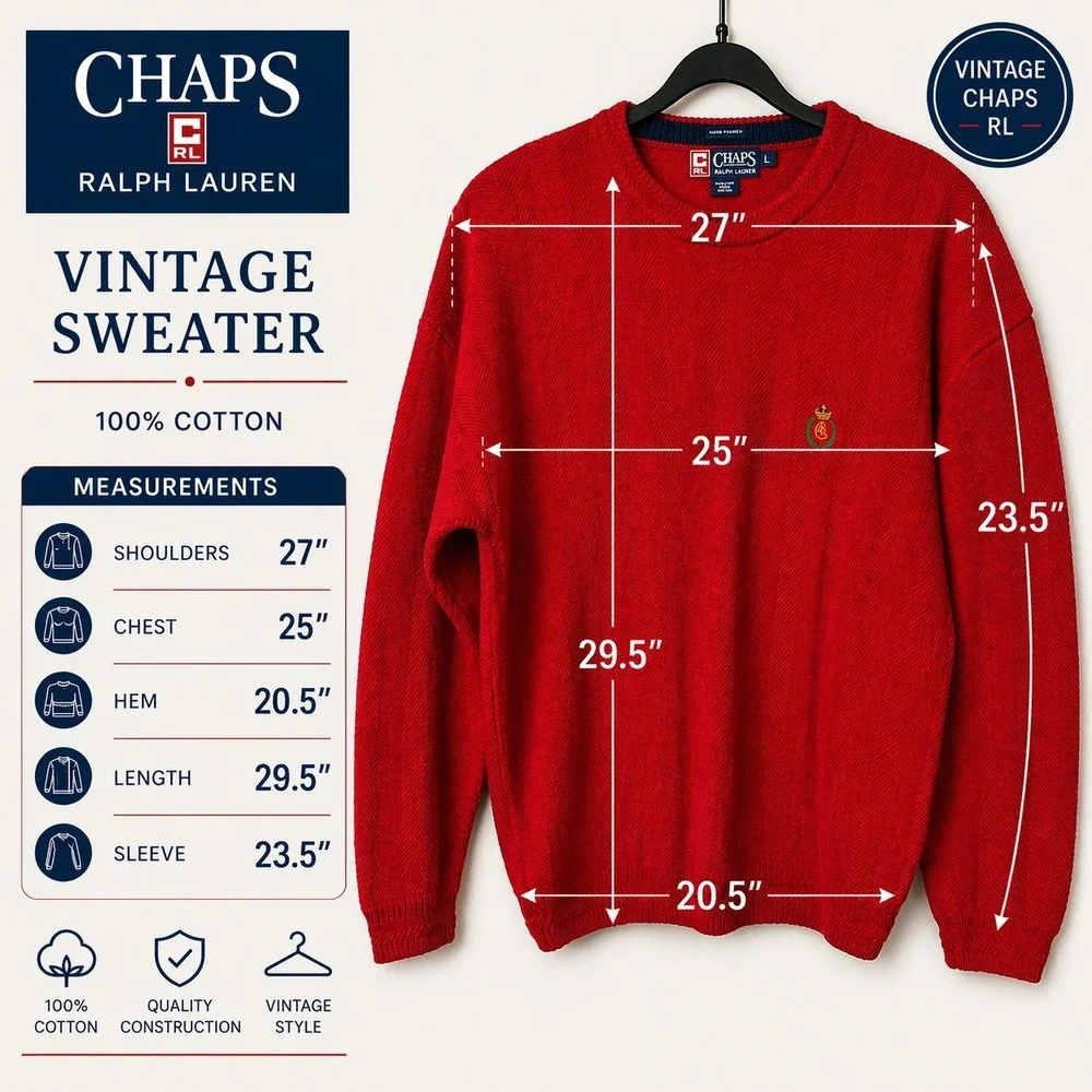 Chaps Ralph‎ Lauren Mens Red Herringbone Knit Cotton Crewneck Sweater Large